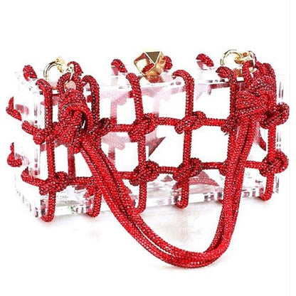 Acrylic Clear Clutch With Knotted Rhinestones in Red