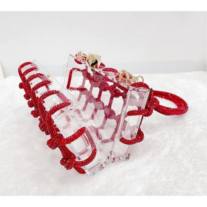 Acrylic Clear Clutch With Knotted Rhinestones in Red