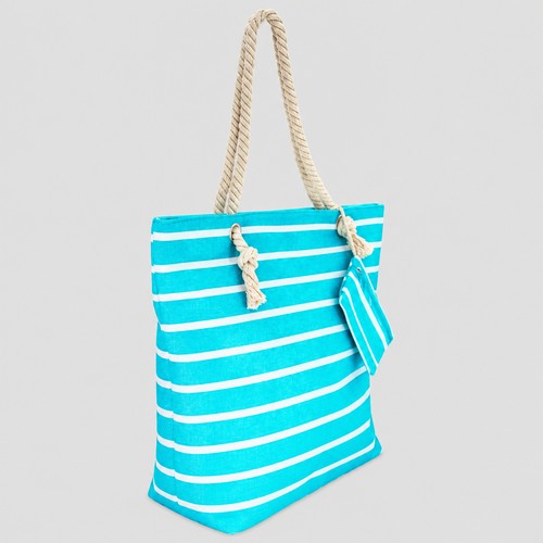 Stripe Canvas Beach Bag with Purse in Aqua