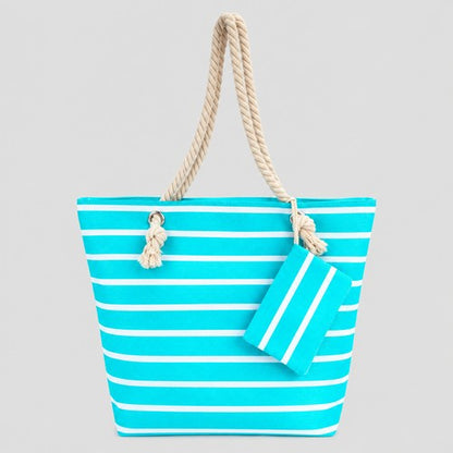 Stripe Canvas Beach Bag with Purse in Aqua