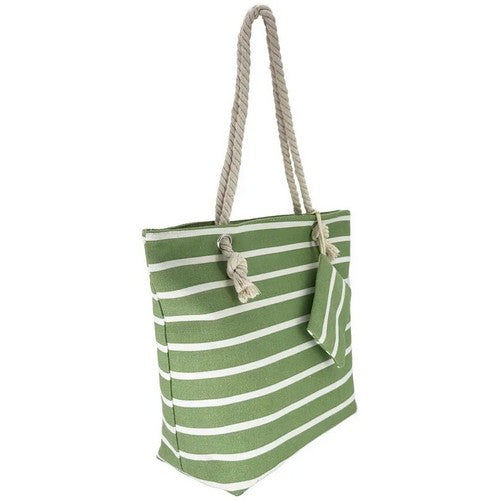 Stripe Canvas Beach Bag with Purse in Green