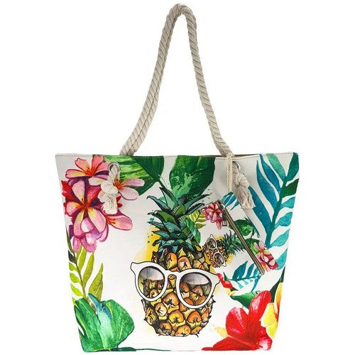 03016 Canvas Beach Bag with Purse in White Pineapple