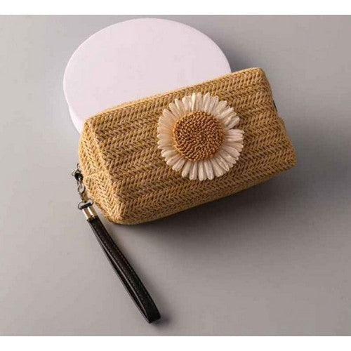 Rattan Sunflower Box Cosmetic Bag in Natural