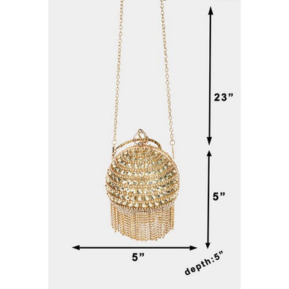 Rhinestone Ball Fringe Clutch in Gold