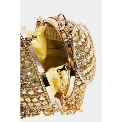 Rhinestone Ball Fringe Clutch in Gold