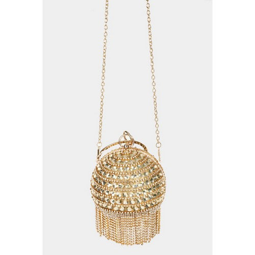 Rhinestone Ball Fringe Clutch in Gold