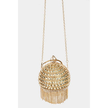 Rhinestone Ball Fringe Clutch in Gold