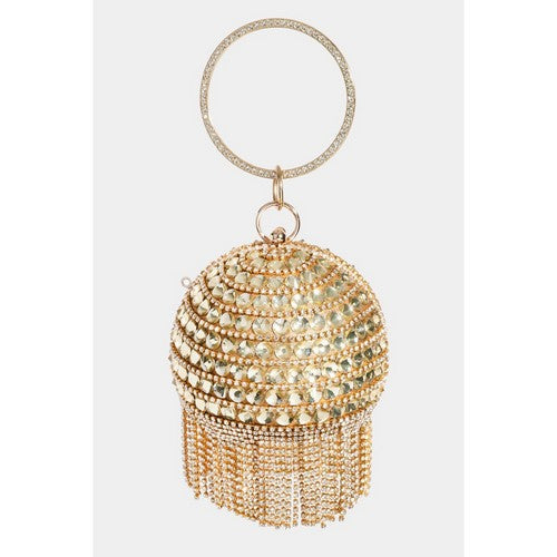 MMA8745 Rhinestone Ball Fringe Clutch in Gold