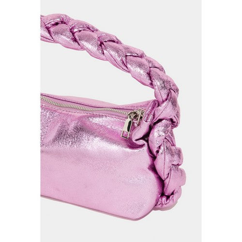 Braid Handle Metallic Mini Tote in Pink