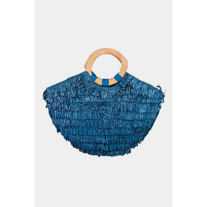 BGAIN277 Antik Kraft handmade Raffia Fringe Straw Tote in Dark Blue