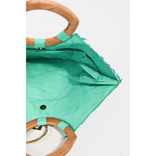 Antik Kraft handmade Raffia Fringe Straw Tote in Turquoise