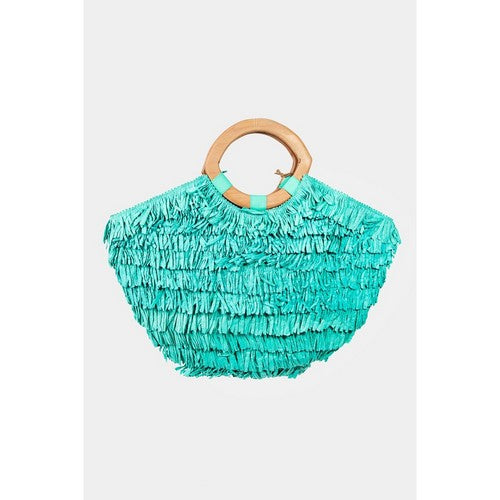 BGAIN277 Antik Kraft handmade Raffia Fringe Straw Tote in Turquoise