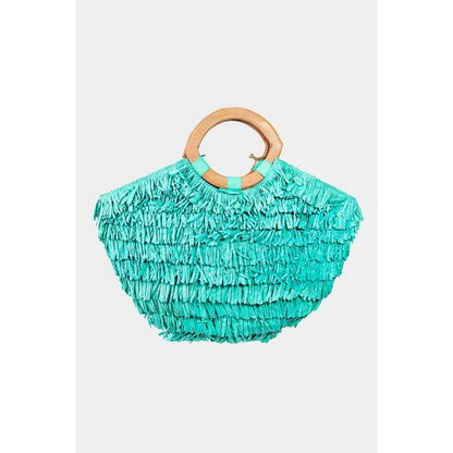 BGAIN277 Antik Kraft handmade Raffia Fringe Straw Tote in Turquoise