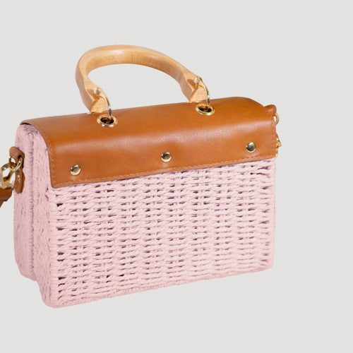 Bamboo Handle Straw Mini Bag in Pink
