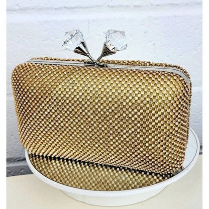 Double Gem Rhinestone Snap Clutch in Gold