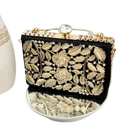 1232 Rhinestone & Gold Leaf Applique Snap Clutch in Black