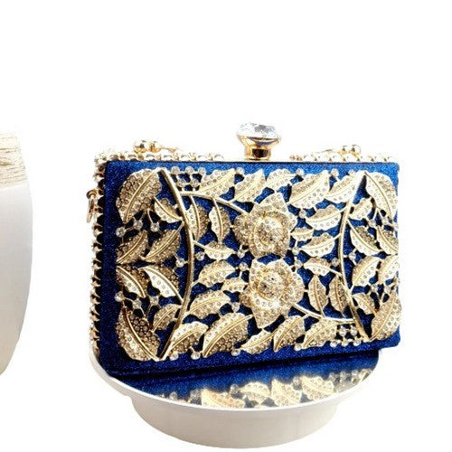 1232 Rhinestone & Gold Leaf Applique Snap Clutch in Blue