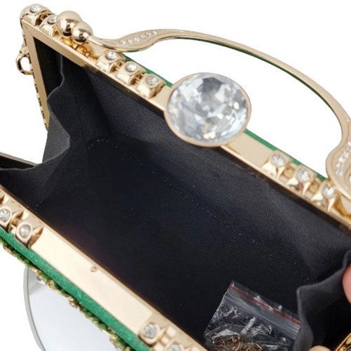 Rhinestone & Gold Leaf Applique Snap Clutch in Green
