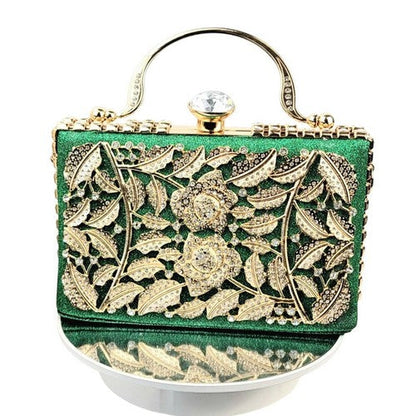 1232 Rhinestone & Gold Leaf Applique Snap Clutch in Green