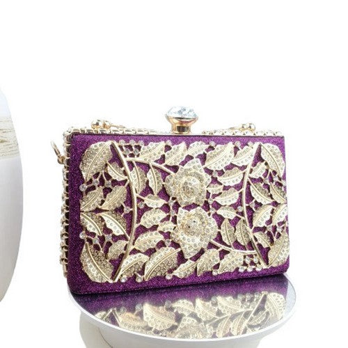 1232 Rhinestone & Gold Leaf Applique Snap Clutch in Purple