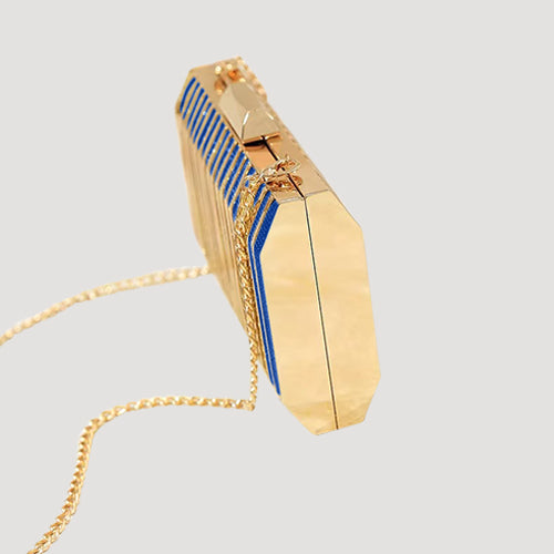 Caged Metal Snap Clutch in Blue