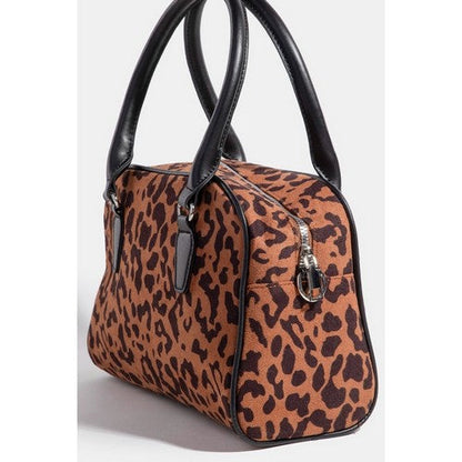 MMA1890 Leather Handle Boxy Hand Bag in Leopard Print