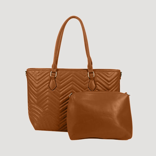 5087 Chevron 2pc Handbag & Pouch Set in Light Brown