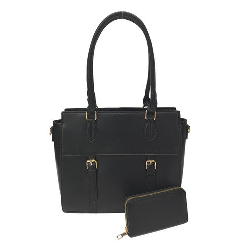 2086 Satchel Style Handbag & Purse 2pc Set in Black