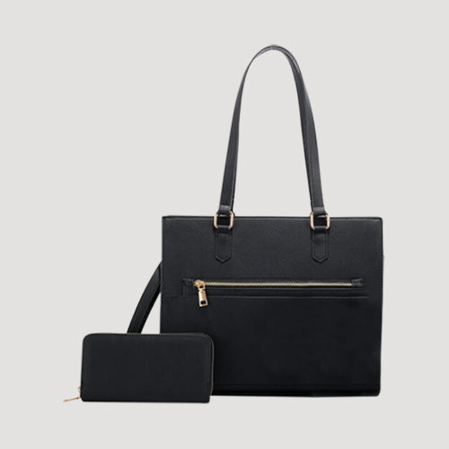 Zip Detail 2pc Handbag & Purse Set in Black