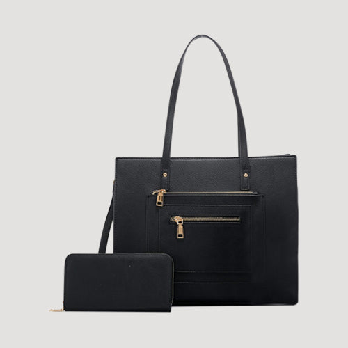 Double Zip Detail Handbag & Purse 2pc Set in Black
