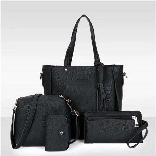 Pebbled Leather Tassle Tote 4pc Handbag Set in Black