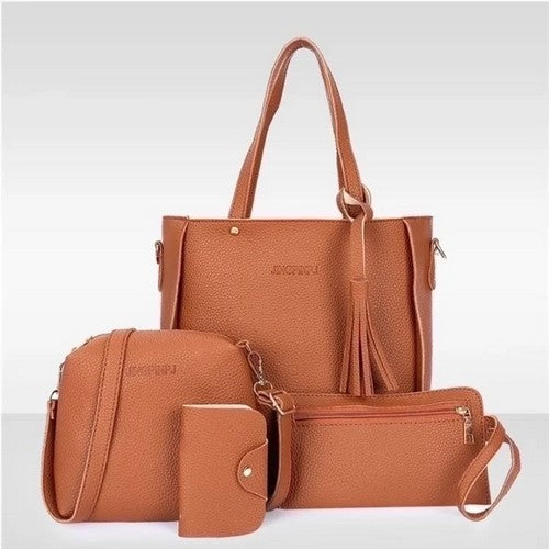 Pebbled Leather Tassle Tote 4pc Handbag Set in Light Brown