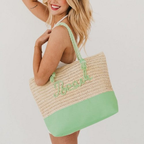 SP-PRI20250402969813 Beach Straw Beach Bag in Mint Green