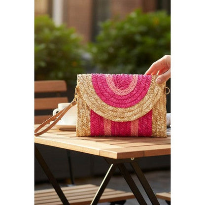 2-Tone Straw Wristlet Envelope Clutch in Fuchsia
