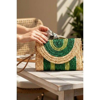 2-Tone Straw Wristlet Envelope Clutch in Green