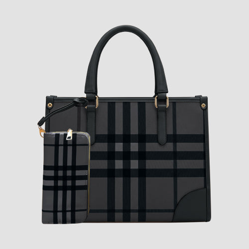 99291 Plaid Tote & Purse 2pc Handbag Set in Black