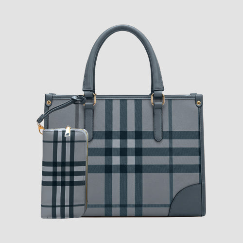99291 Plaid Tote & Purse 2pc Handbag Set in Grey