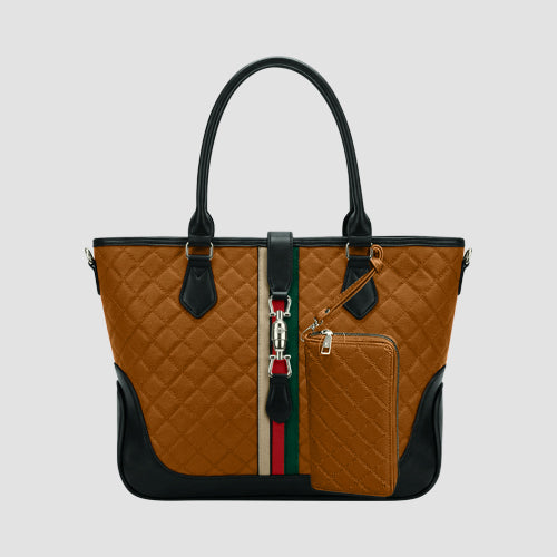 3321 Horsebit Quilted Handbag & Purse 2pc Set in Light Brown