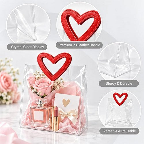 Red Heart Handle Clear Plastic Gift Bag