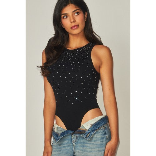 STONE-04BS Rhinestone Embellished Seamless Bodysuit in Black