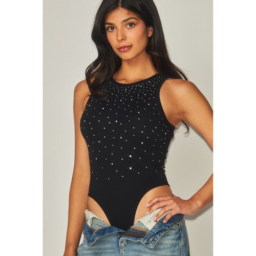 Rhinestone Embellished Seamless Bodysuit in Black