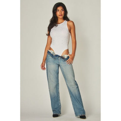 Rhinestone Embellished Seamless Bodysuit in White