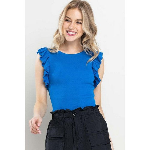 TGI6199 Frill Sleeve Bodysuit in Blue