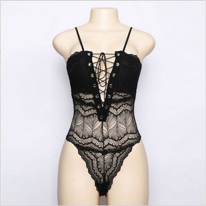 Tie-Front Lace Bodysuit in Black