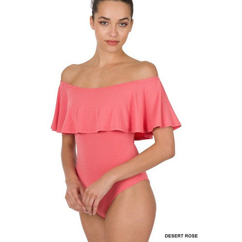 RT-8311BA Ruffle off Shoulder Bodysuit in Desert Rose