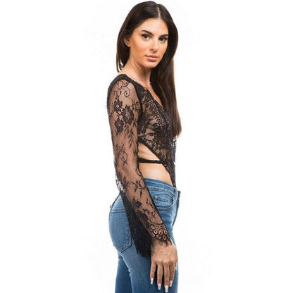 La Reyna Sexy High Cut Lace Plunge Bodysuit in Black