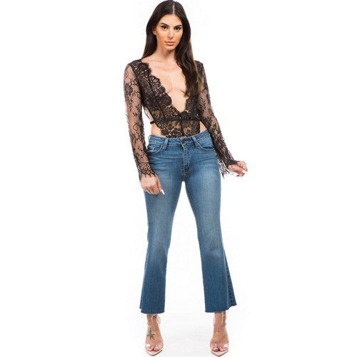 La Reyna Sexy High Cut Lace Plunge Bodysuit in Black