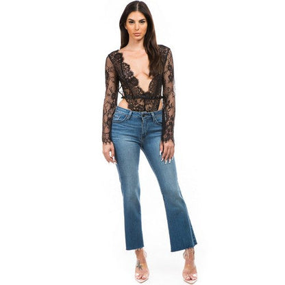La Reyna Sexy High Cut Lace Plunge Bodysuit in Black
