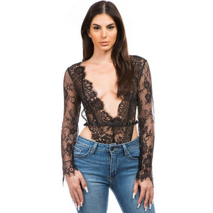 1727 Sexy High Cut Lace Bodysuit in Black