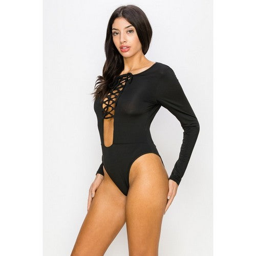 La Reyna Lace-Up Bodysuit in Black